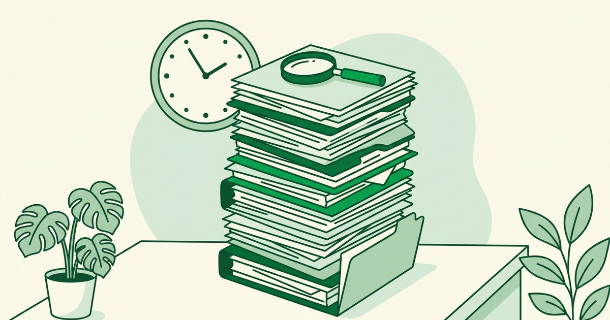 Tall stack of paper folders with a clock showing wasted time